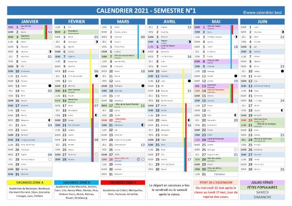 Calendrier 2021 complet avec fêtes et Saints du jour, vacances scolaires jours fériés, lunaisons, 1er semestre