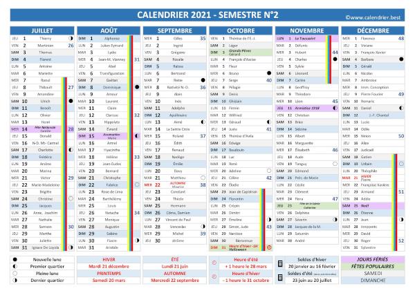 Calendrier 2021 complet avec fêtes et Saints du jour, vacances scolaires jours fériés, lunaisons, 2ème semestre