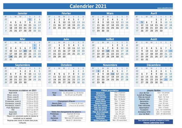 Lien vers calendrier annuel 2021, modèle pratique intégrant les dates des fêtes populaires