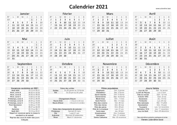 Calendrier pratique 2021 gris avec jours fériés et numéros de semaines. Dates des vacances et des fêtes populaires inclus en légende. Orientation paysage.