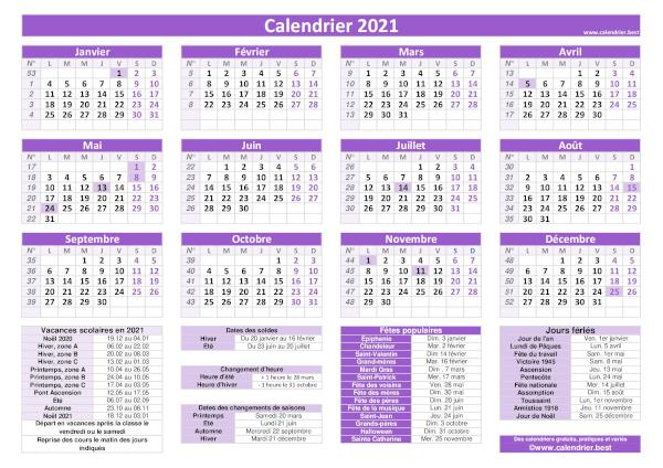 Calendrier pratique 2021 violet avec jours fériés et numéros de semaines. Dates des vacances et des fêtes populaires inclus en légende. Orientation paysage.