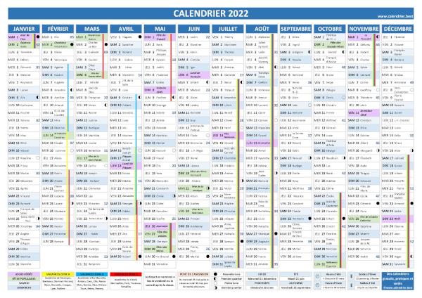 Calendrier 2022 complet avec fêtes et Saints du jour, vacances scolaires jours fériés, numéros de semaines, phases de lune et dates des soldes et des saisons