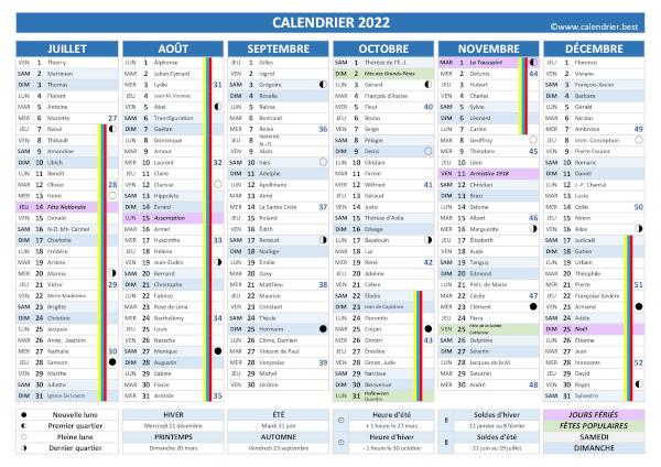 Calendrier 2022 complet avec fêtes et Saints du jour, vacances scolaires jours fériés, numéros de semaines, phases de lune et dates des soldes et des saisons