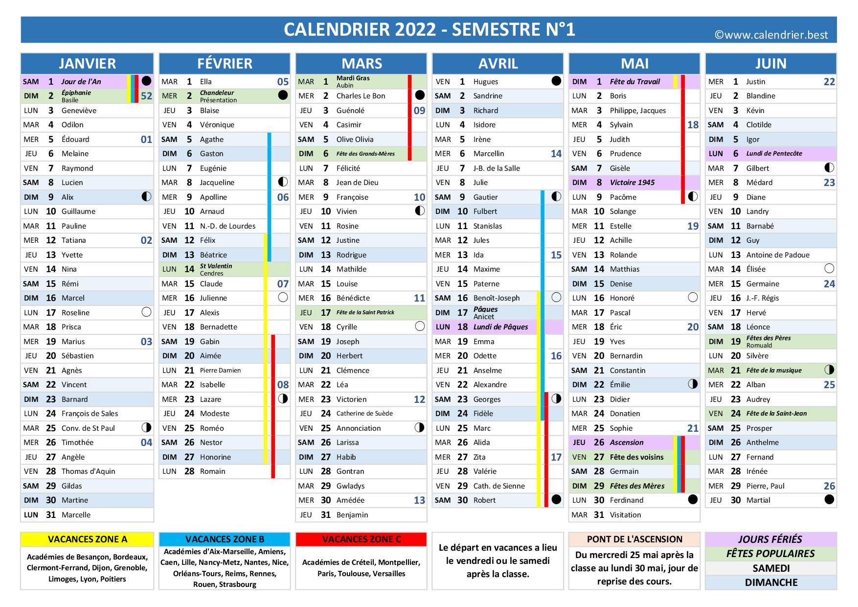Calendrier 2022 complet avec fêtes et Saints du jour, vacances scolaires jours fériés, lunaisons, 1er semestre