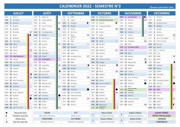 Calendrier 2021 complet avec fêtes et Saints du jour, vacances scolaires jours fériés, lunaisons, 2ème semestre