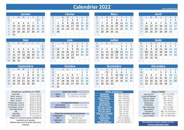 Calendrier 2022 avec dates des fêtes populaires et des des jours fériés