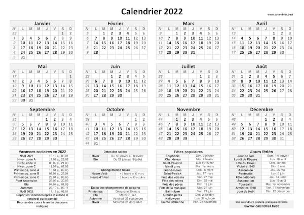 Calendrier 2022 pratique gris avec jours fériés et numéros de semaines. Dates des vacances et des fêtes populaires inclus en légende. Orientation paysage.