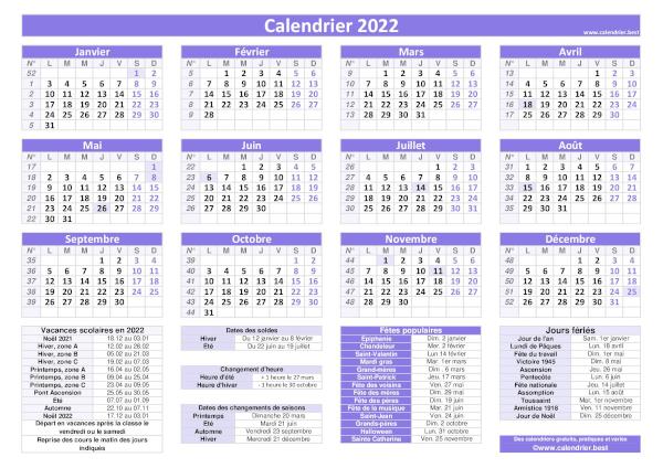 Calendrier 2022 pratique violet avec jours fériés et numéros de semaines. Dates des vacances et des fêtes populaires inclus en légende. Orientation paysage.