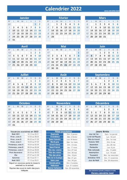 Calendrier 2022 pratique bleu avec jours fériés et numéros de semaines. Dates des vacances et des fêtes populaires inclus en légende. Orientation portrait.