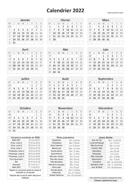 Calendrier 2022 pratique gris avec jours fériés et numéros de semaines. Dates des vacances et des fêtes populaires inclus en légende. Orientation portrait.