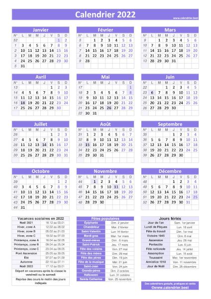 Calendrier 2022 pratique violet avec jours fériés et numéros de semaines. Dates des vacances et des fêtes populaires inclus en légende. Orientation portrait.