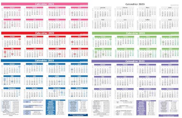 Calendrier 2023 avec jours fériés et numéros de semaines, imprimable en 6 couleurs