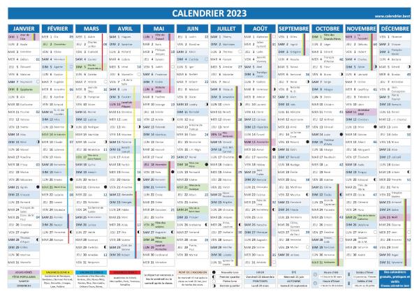 Calendrier 2023 complet avec fêtes et Saints du jour, vacances scolaires, jours fériés, numéros de semaines, phases de lune et dates des soldes et des saisons
