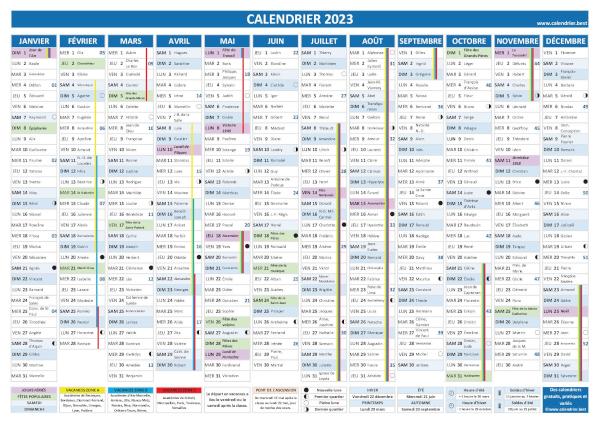 Calendrier 2023 complet avec fêtes et Saints du jour, vacances scolaires jours fériés, lunaisons, 1er semestre