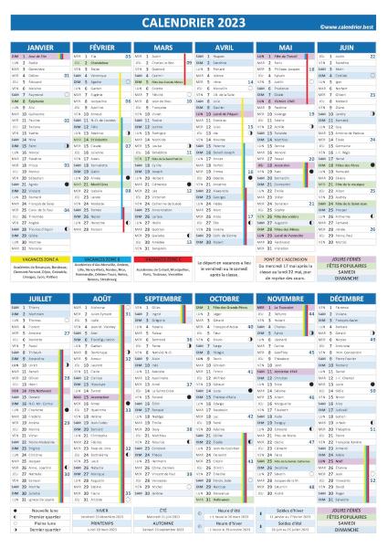 Calendrier 2023 complet avec fêtes et Saints du jour, vacances scolaires, jours fériés, numéros de semaines, phases de lune et dates des soldes et des saisons