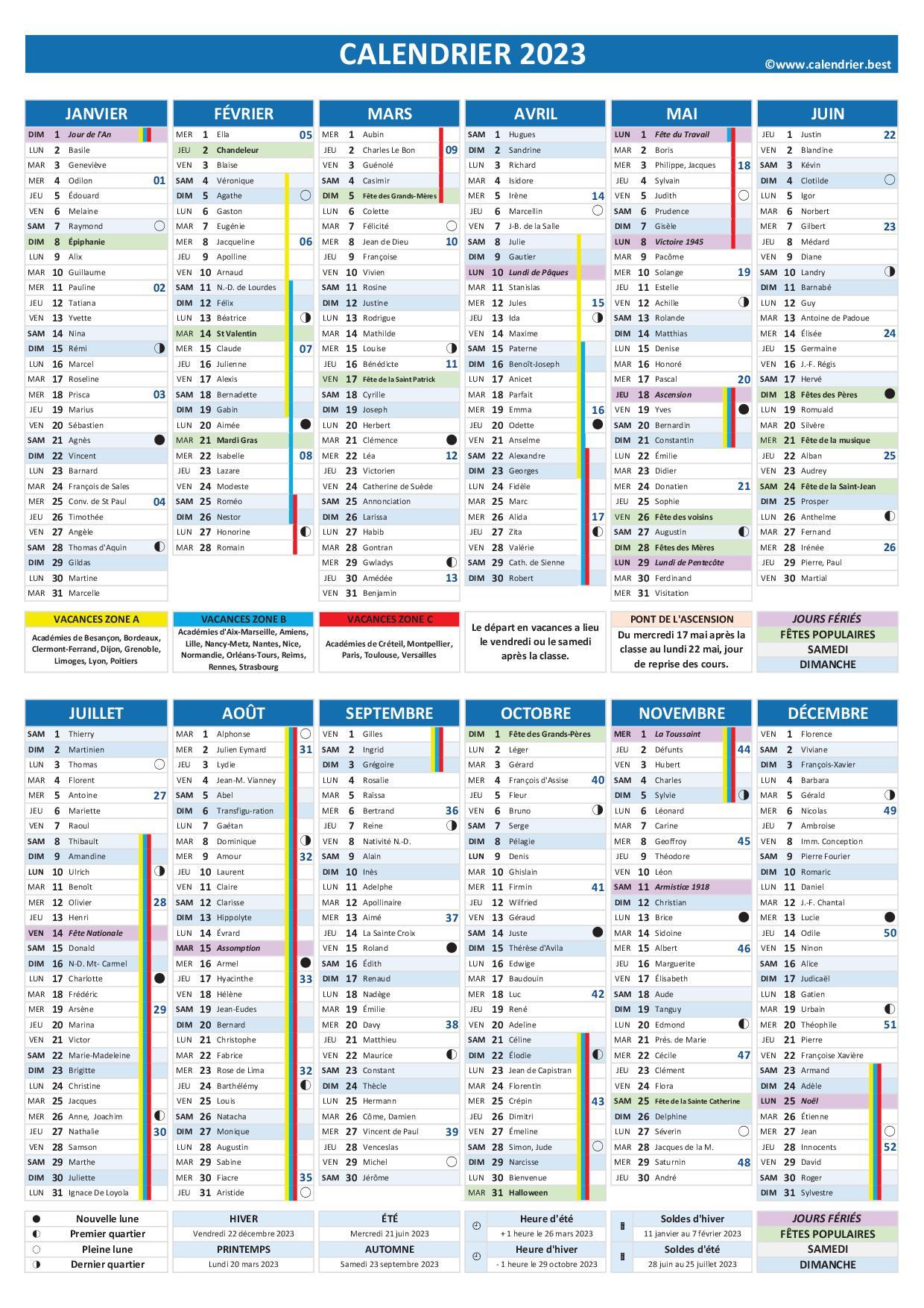 Calendrier 2023 Complet Avec Fêtes Saints Vacances Calendrierbest