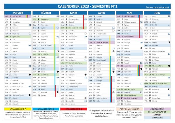 Calendrier 2023 complet avec fêtes et Saints du jour, vacances scolaires, jours fériés, lunaisons, 1er semestre