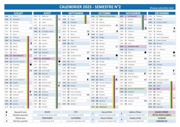 Calendrier 2023 complet avec fêtes et Saints du jour, vacances scolaires, jours fériés, lunaisons, 2ème semestre