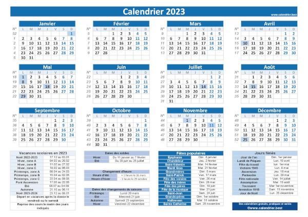 Calendrier 2023 avec jours fériés et numéros de semaines, modèle pratique bleu, format paysage