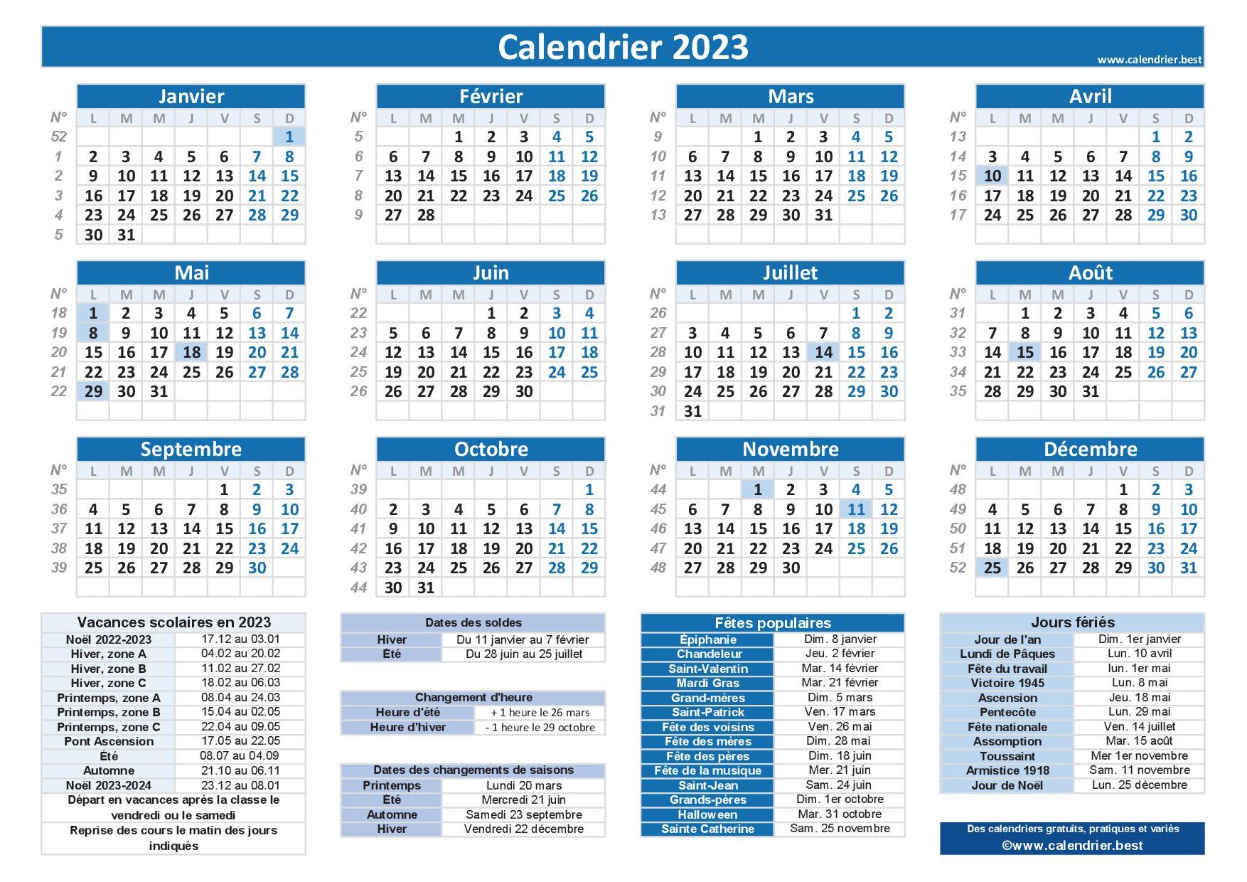 Calendrier 2023 avec dates des saisons, des soldes, des vacances, jours fériés et numéro de semaine