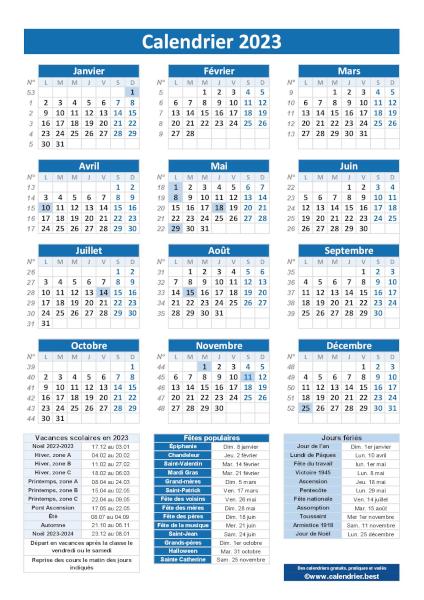 Calendrier 2023 avec jours fériés et numéros de semaines, modèle pratique bleu, format portrait