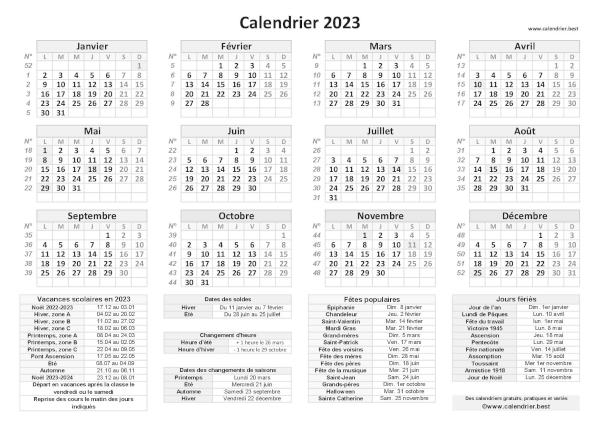 Calendrier 2023 avec jours fériés et numéros de semaines, modèle pratique gris, format paysage