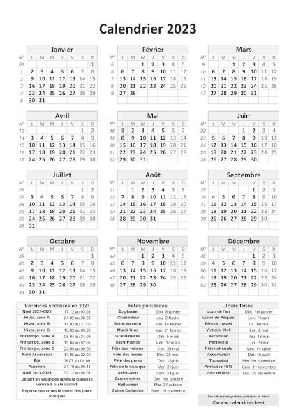 Calendrier 2023 avec jours fériés et numéros de semaines, modèle pratique gris, format portrait