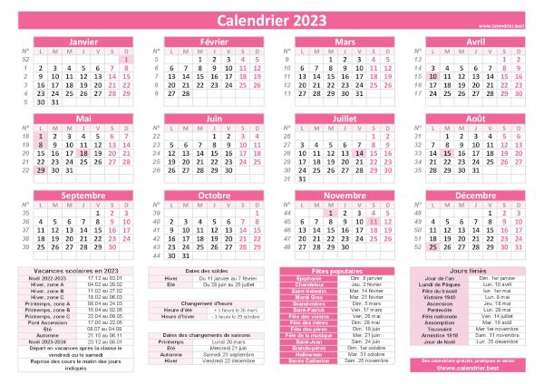 Calendrier 2023 avec jours fériés et numéros de semaines, modèle pratique rose, format paysage