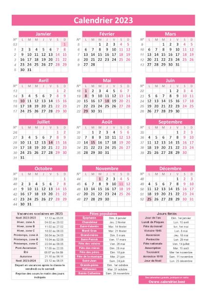 Calendrier 2023 avec jours fériés et numéros de semaines, modèle pratique rose, format portrait