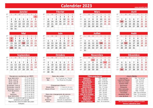 Calendrier 2023 avec jours fériés et numéros de semaines, modèle pratique rouge, format paysage