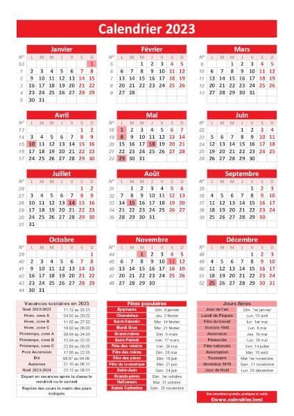 Calendrier 2023 avec jours fériés et numéros de semaines, modèle pratique rouge, format portrait