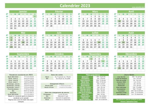 Calendtrier 2023 avec jours fériés, numéros de semaines, fêtes populaires et dates utiles (vacances, soldes, fêtes, saisons), modèle vert, format paysage. Calendrier 2023 avec jours fériés et numéros de semaines, modèle pratique vert, format paysage
