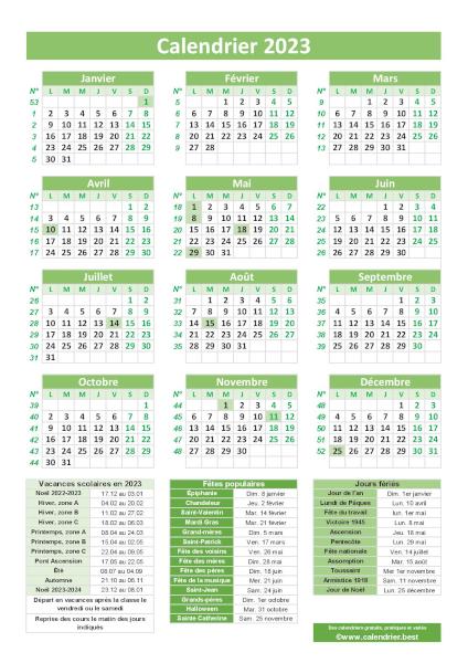 Calendrier 2023 avec jours fériés et numéros de semaines, modèle pratique vert, format portrait