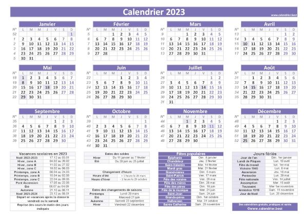 Calendrier 2023 avec jours fériés et numéros de semaines, modèle pratique violet, format paysage