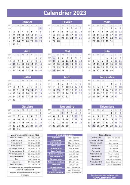 Calendrier 2023 avec jours fériés et numéros de semaines, modèle pratique violet, format portrait