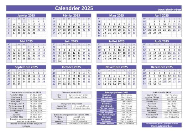 Calendrier 2025 avec jours fériés, numéros de semaines, fêtes populaires et dates utiles (vacances, soldes, fêtes, saisons), modèle violet, format paysage. Calendrier 2025 pratique avec jours fériés, numéros de semaines et dates utiles à imprimer, modèle violet, format paysage