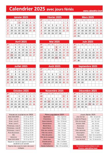 Calendrier 2025 avec jours fériés, numéros de semaines, fêtes populaires et dates utiles (vacances, soldes, fêtes, saisons), modèle rouge, format portrait. Calendrier 2025 pratique avec jours fériés, numéros de semaines et dates utiles à imprimer, modèle rouge, format portrait