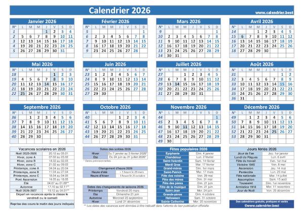 Calendrier 2026 pratique avec jours fériés, numéros de semaines et dates utiles à imprimer, modèle bleu, format paysage