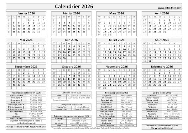 Calendrier 2026 pratique avec jours fériés, numéros de semaines et dates utiles à imprimer, modèle noir et blanc, format paysage