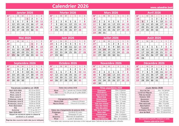 Calendrier 2026 pratique avec jours fériés, numéros de semaines et dates utiles à imprimer, modèle vert, format paysage