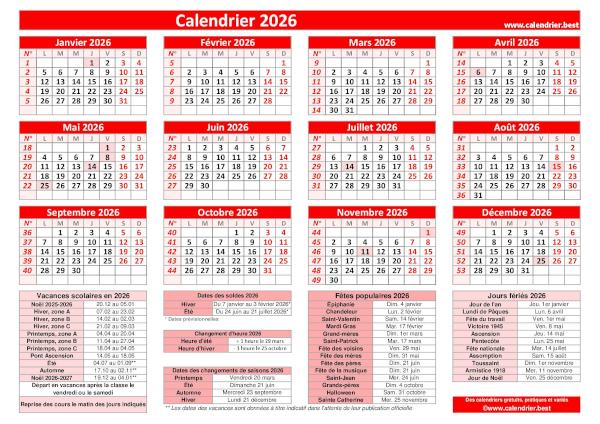Calendrier 2026 pratique avec jours fériés, numéros de semaines et dates utiles à imprimer, modèle rouge, format paysage