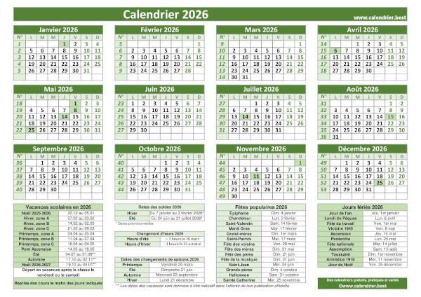 Calendrier 2026 pratique avec jours fériés, numéros de semaines et dates utiles à imprimer, modèle vert, format paysage