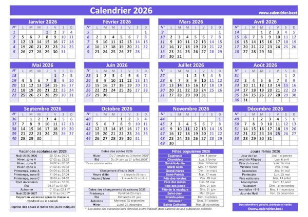 Calendrier 2026 pratique avec jours fériés, numéros de semaines et dates utiles à imprimer, modèle violet, format paysage