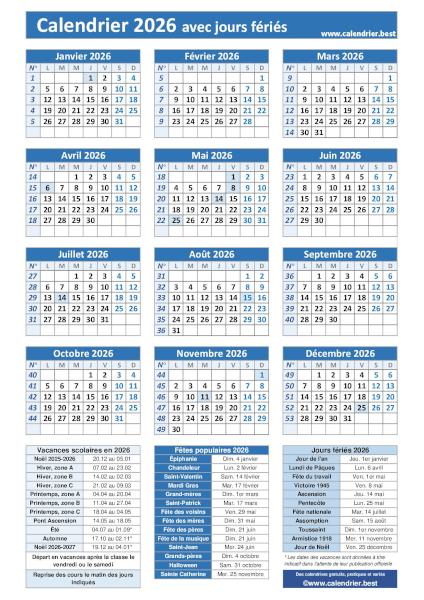 Calendrier 2026 pratique avec jours fériés, numéros de semaines et dates utiles à imprimer, modèle bleu, format portrait