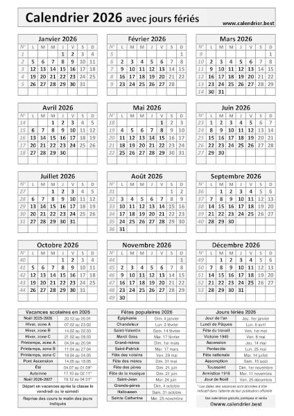 Calendrier 2026 pratique avec jours fériés, numéros de semaines et dates utiles à imprimer, modèle noir et blanc, format portrait