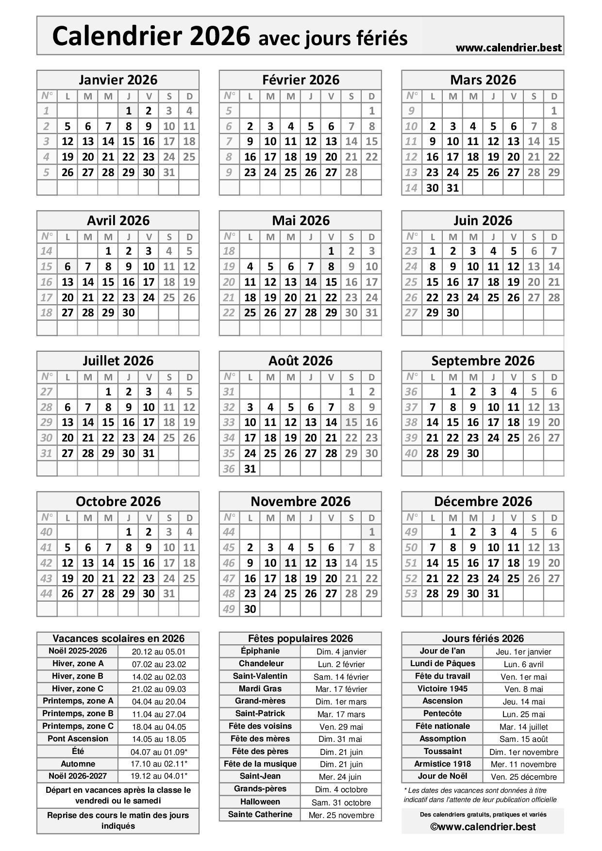 Calendrier 2026 Pratique Avec Jours F ri s Et Dates Utiles Imprimer Calendrier 2026 Pratique Avec Jours F ri s Et Dates Utiles Imprimer