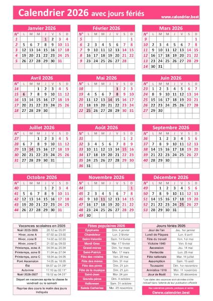 Calendrier 2026 pratique avec jours fériés, numéros de semaines et dates utiles à imprimer, modèle rose, format portrait