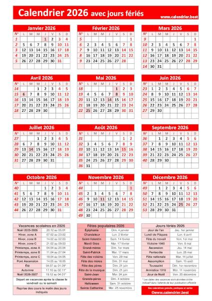 Calendrier 2026 pratique avec jours fériés, numéros de semaines et dates utiles à imprimer, modèle rouge, format portrait