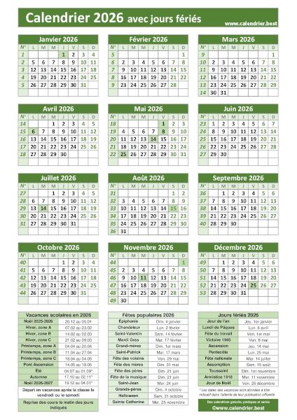 Calendrier 2026 pratique avec jours fériés, numéros de semaines et dates utiles à imprimer, modèle vert, format portrait