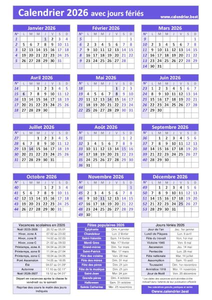 Calendrier 2026 pratique avec jours fériés, numéros de semaines et dates utiles à imprimer, modèle violet, format portrait